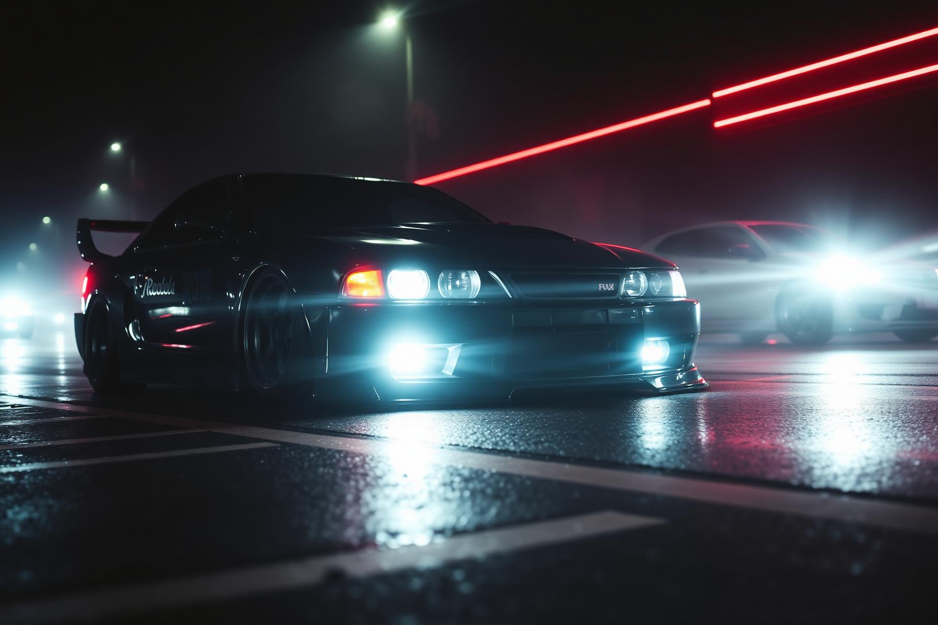 Carros tunados sob luzes neon vermelhas em uma rua escura do Rio de Janeiro